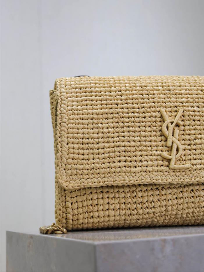 SAINT LAURENT rafia albicocca intrecciata con catena in pelle marrone Kate