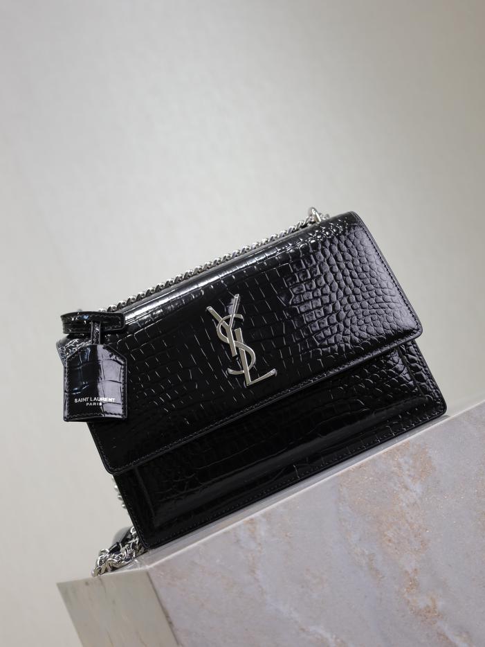 SAINT LAURENT motivo coccodrillo nero con fibbia argento·sunset 22 cm tramonto