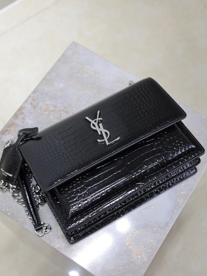 SAINT LAURENT motivo coccodrillo nero con fibbia argento·sunset 22 cm tramonto