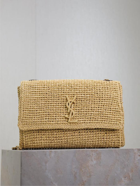SAINT LAURENT rafia albicocca intrecciata con catena in pelle marrone Kate